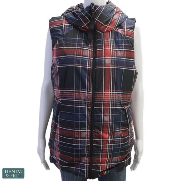 Lululemon Fluffiest Reversible Goose Down Vest Navy Plaid Hooded Size 12 - Picture 2 of 16
